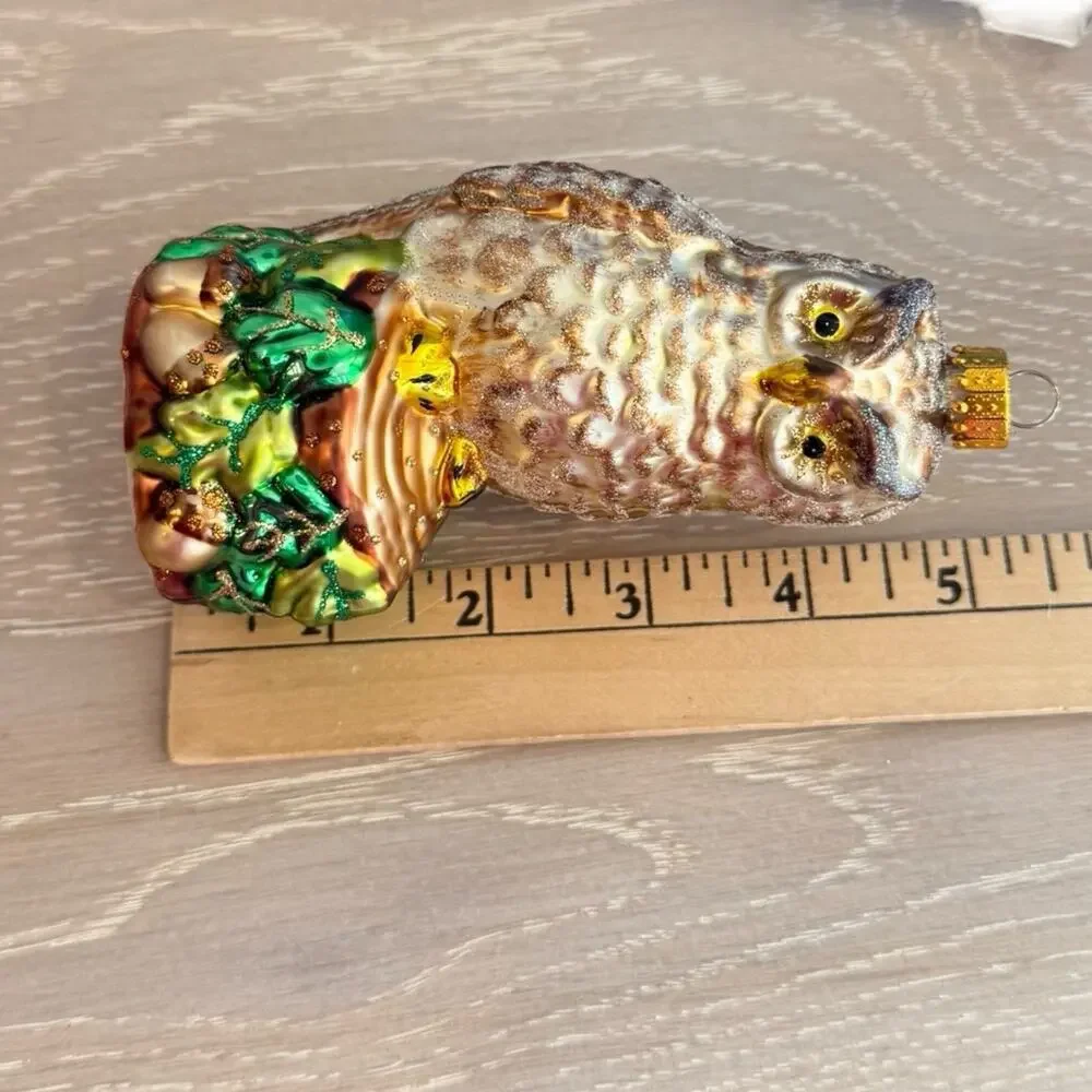 Hand‎ Blown Rustic Owl On Stump Glass Ornament Brown Gold Light Shimmer EUC
